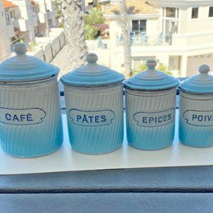 4 Antique Enamelware Canisters Aqua Blue White Cafe Pates Epices Poivre Austria
